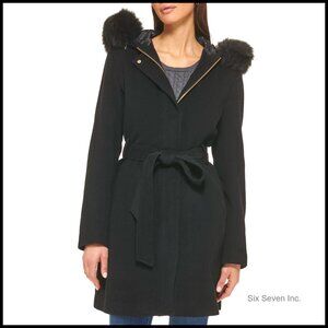 Wool Hooded Coat with Detachable Faux Fur Trim Down Coat
